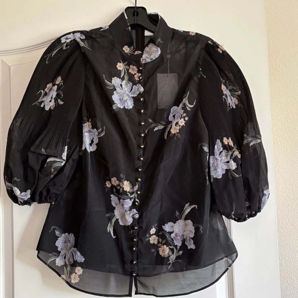 NWT Authentic ZIMMERMANN Black Iris Pleated Puff Sleeve Blouse sz AU 2/ US 6-8